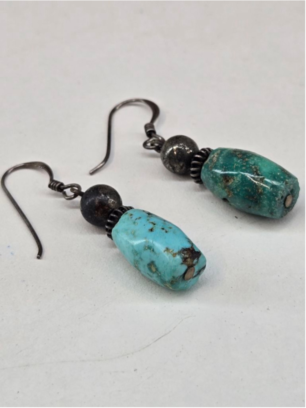 Women's Earrings Turquoise and 925 Sterling Silver Barrel Bead Drop Fishhook